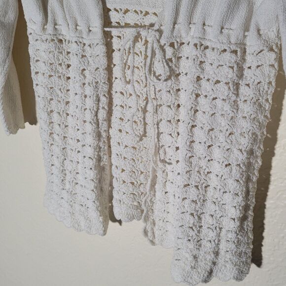 LOFT | Crochet White Cardigan Women M Tie Closure V-Neck Grandmacore Cottage - Picture 5 of 7